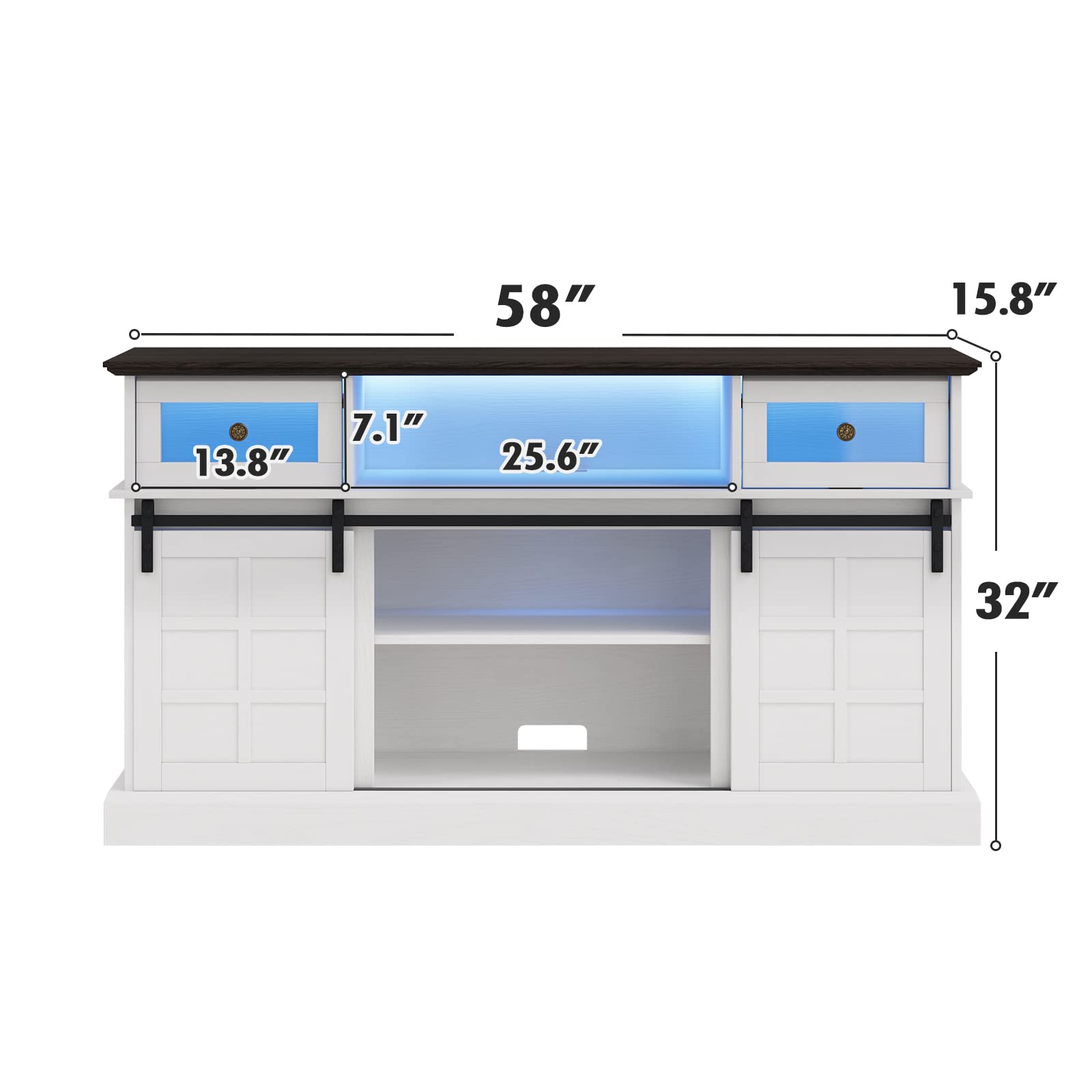 Farmhouse TV Stand w/LED Light, White TV Stand for 65 inch TVs, Entertainment Center