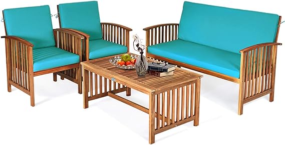 Outdoor 4 PCS Acacia Wood Sofa Set w/Water Resistant Cushions
