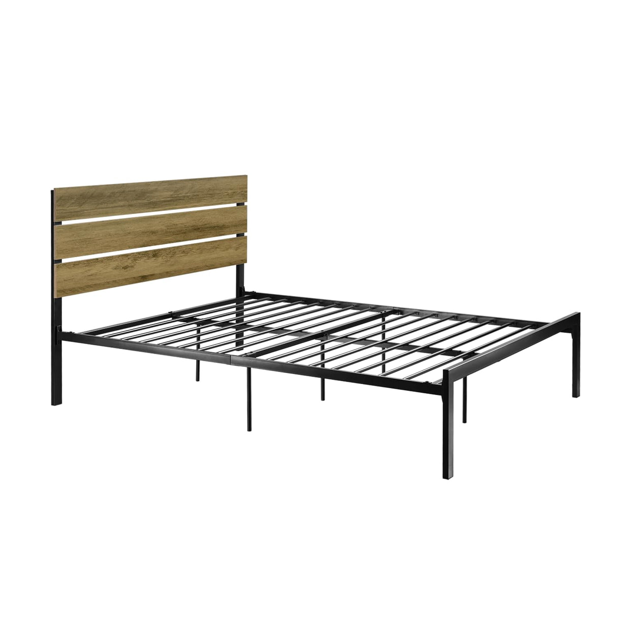 Queen Size Platform Bed Frame with Wooden Headboard and Metal Slats/Rustic Country