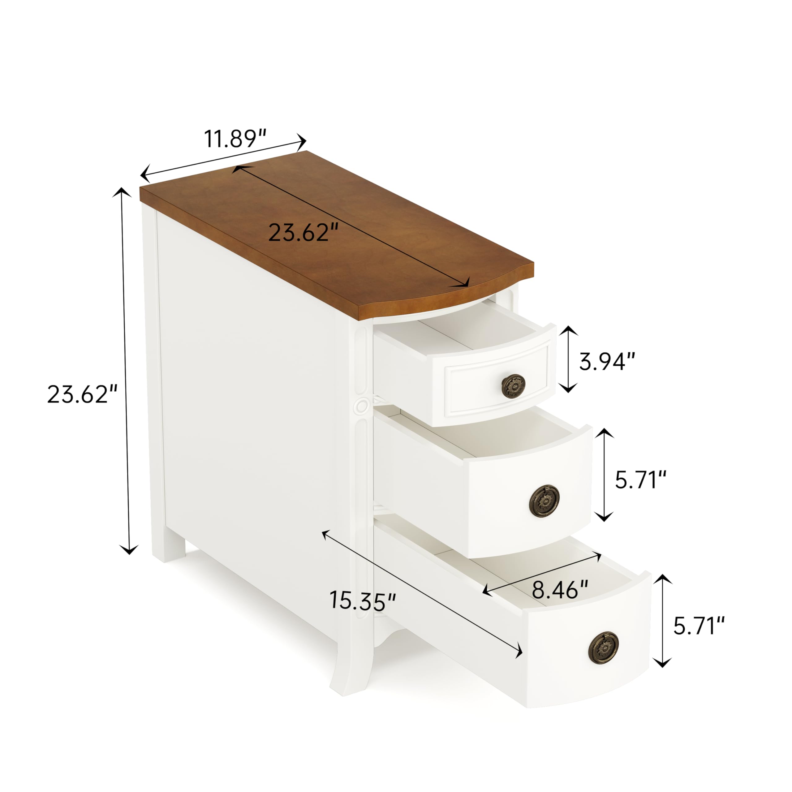 Solid Wood End Table, 3-Drawer Narrow Side Table
