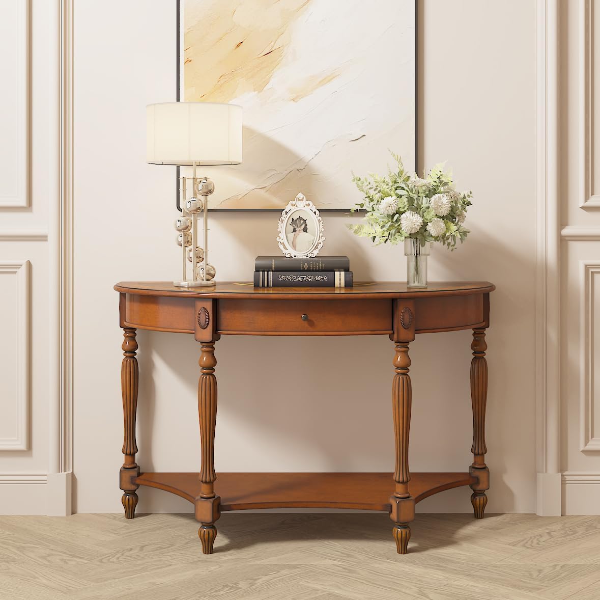 Entry Console Table With Drawer, Semi-Circle Wood Sofa Table with Storage Shelf