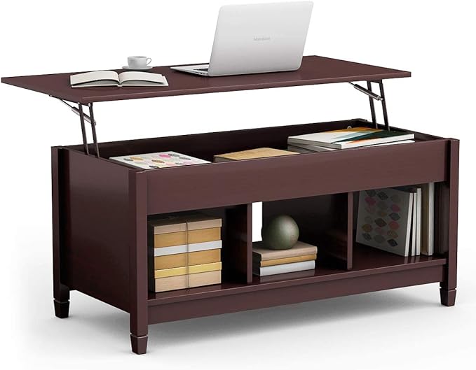 Wood Lift Top Modern Coffee Table w/Hidden Compartment and Open Storage Shelf