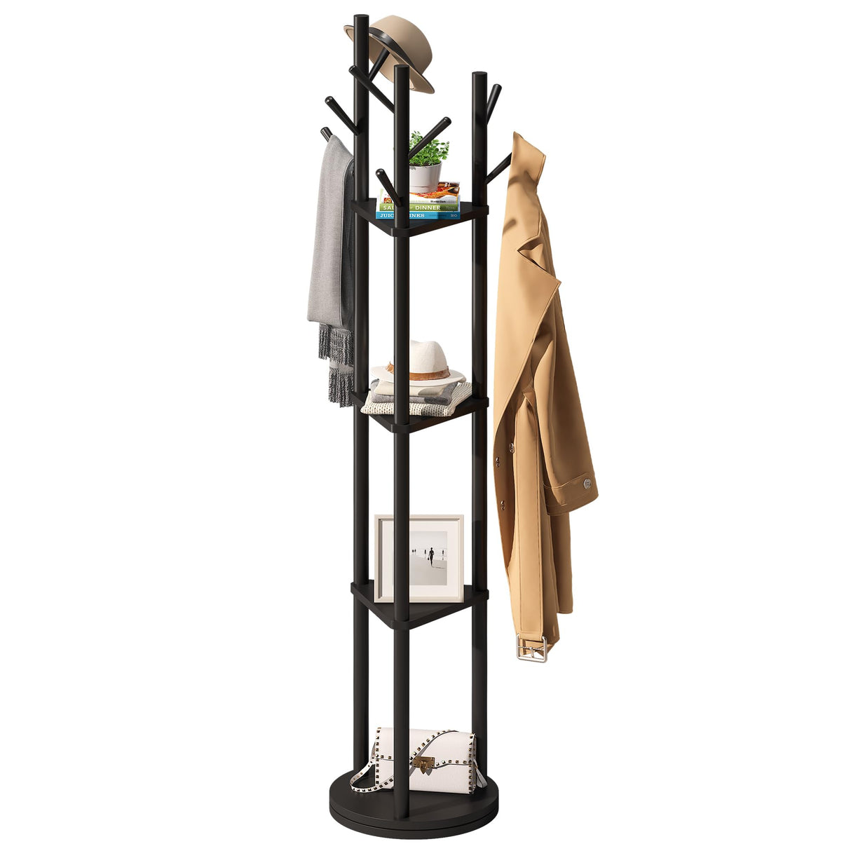 Bamboo Coat Rack Rotary Freestanding with Shelf Coat Tree Rack Stand