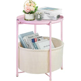 End Tables with Storage Basket, Metal Side Table Nightstand Small Bedside Table, Pink