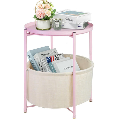 End Tables with Storage Basket, Metal Side Table Nightstand Small Bedside Table, Pink