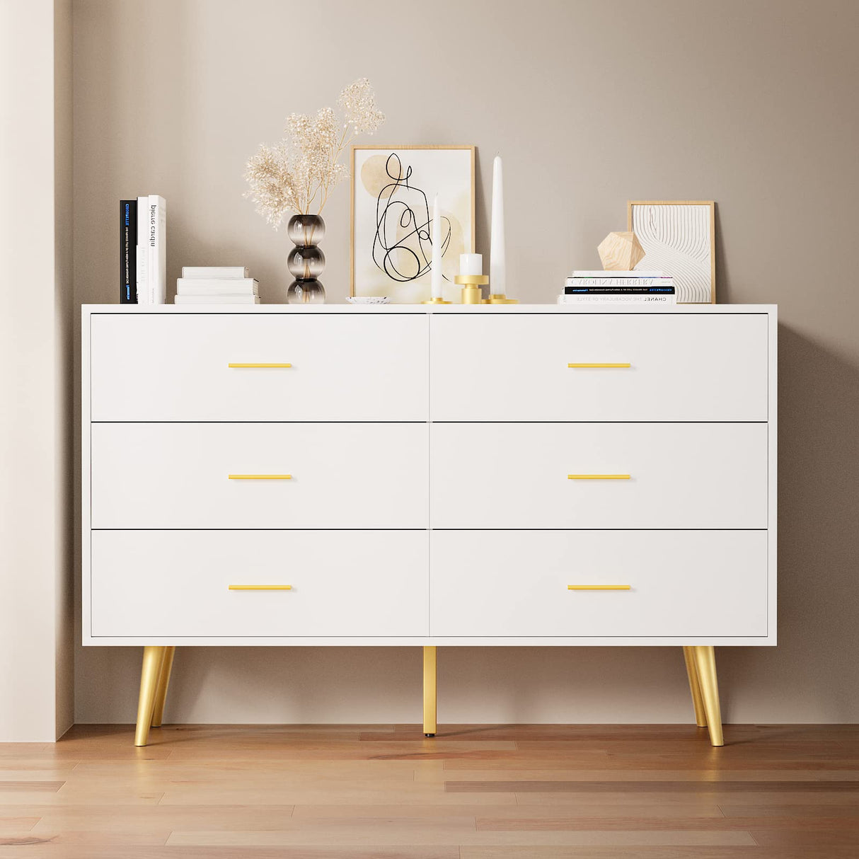 White 6 Drawer Dresser for Bedroom, Wooden White Double Dresser with Gold Handles