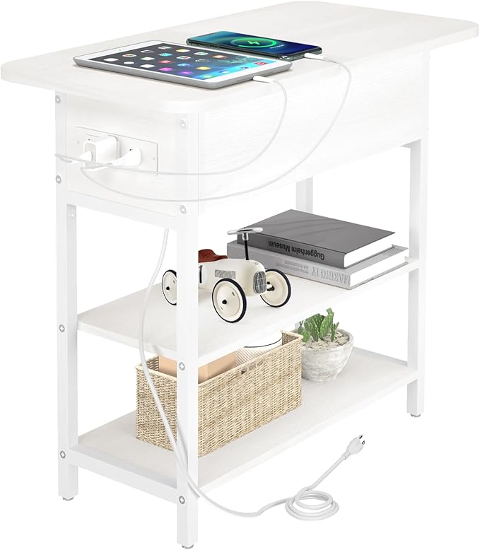 End Table with Charging Station, Flip Top Side Table with USB Ports and Outlets, Sofa Couch Table Bedside Table for Living Room Bedroom, Narrow Nightstand with Storage Shelves for Small Space