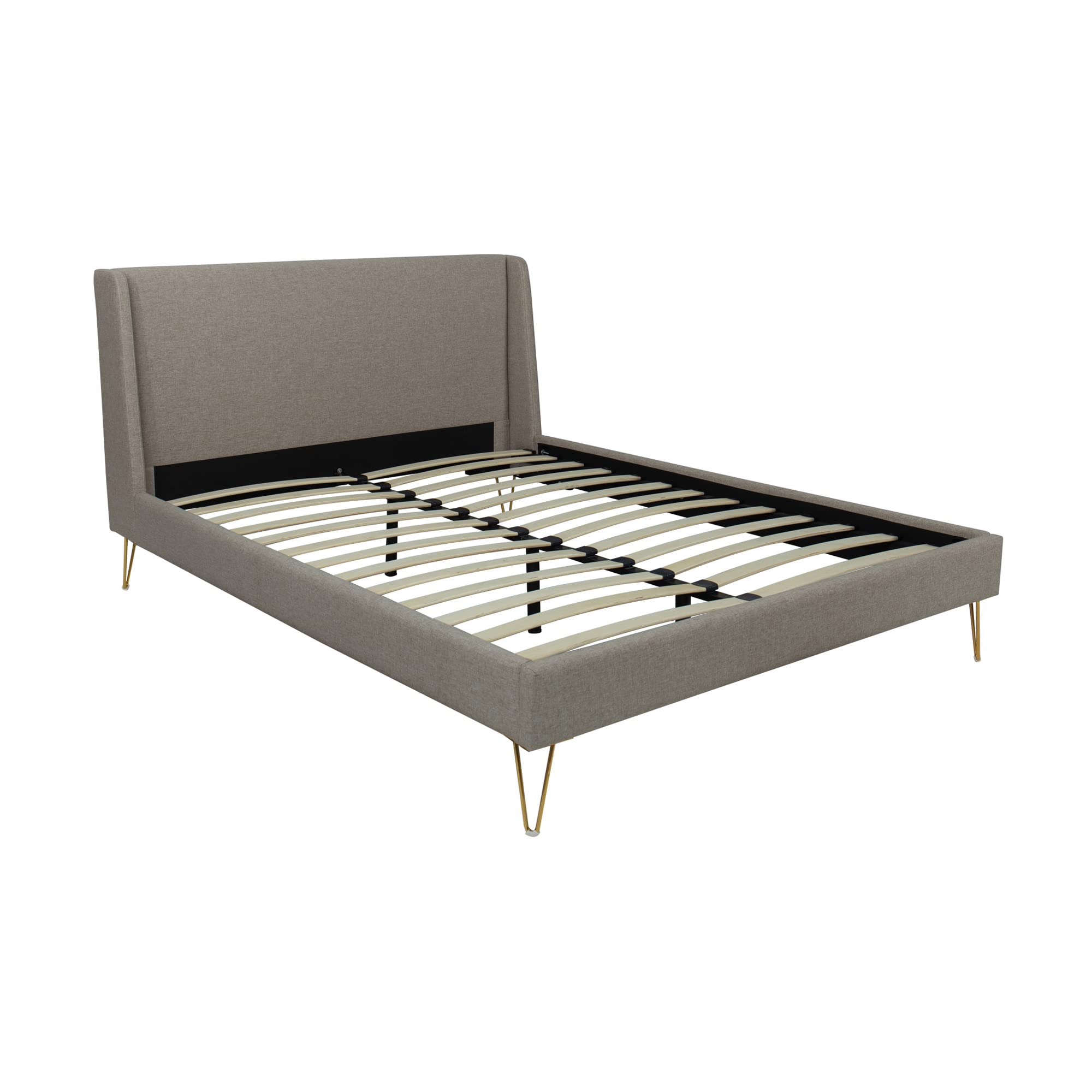 Upholstered Bed Frame with Unique Angled Brass Legs