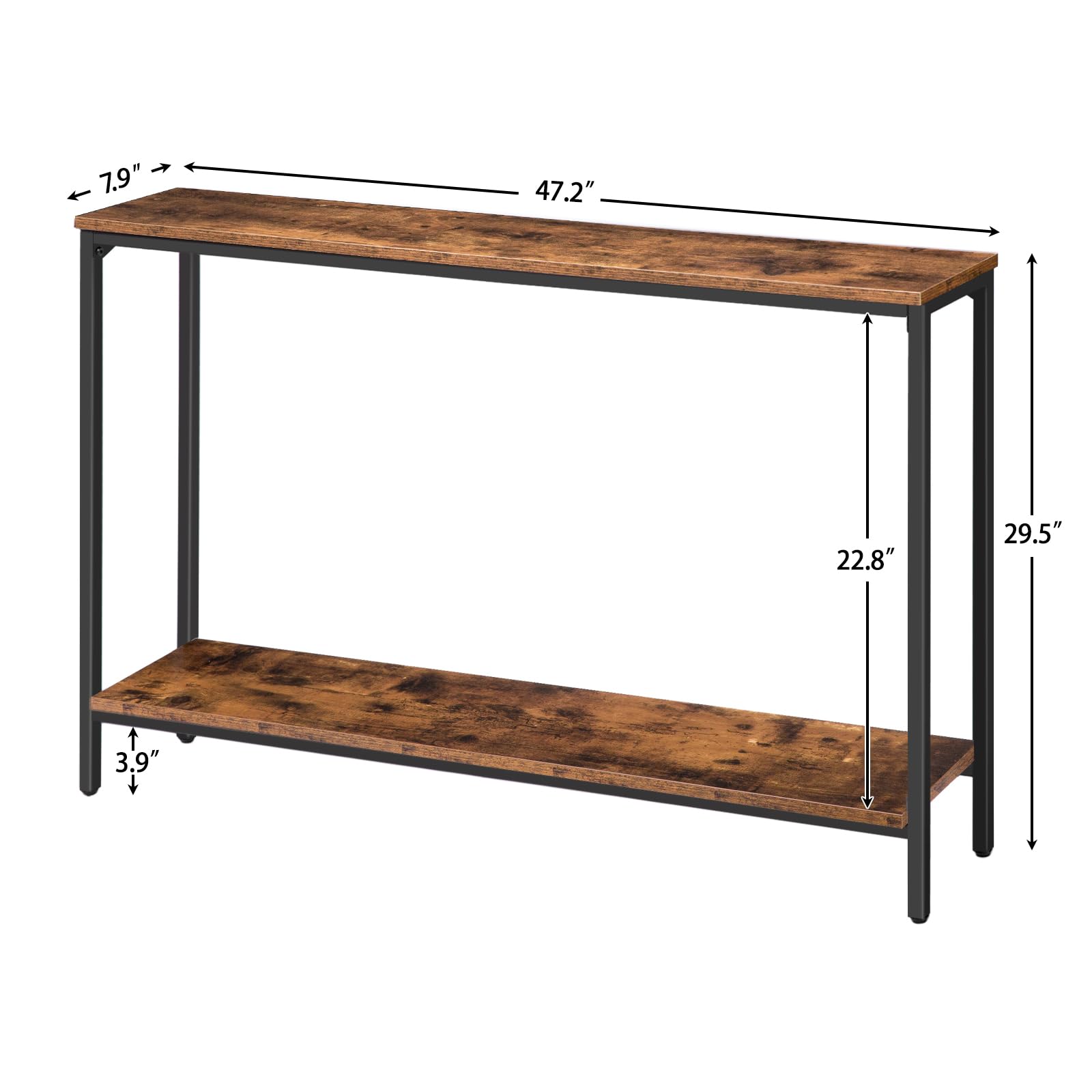 47.2" Narrow Console Table with Shelf - Rustic Brown & Black Metal Frame