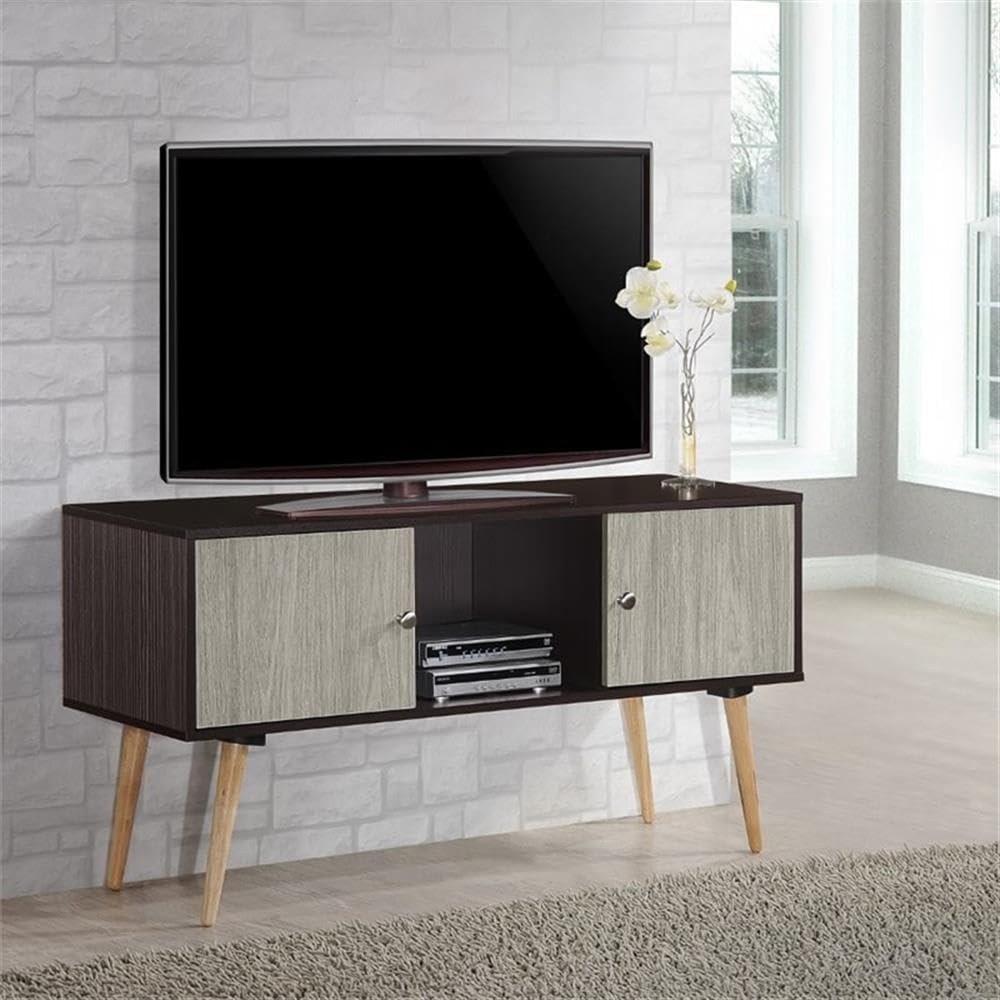 TV Stand with Two Storage Doors, and Solid Wood Legs, Chocolate