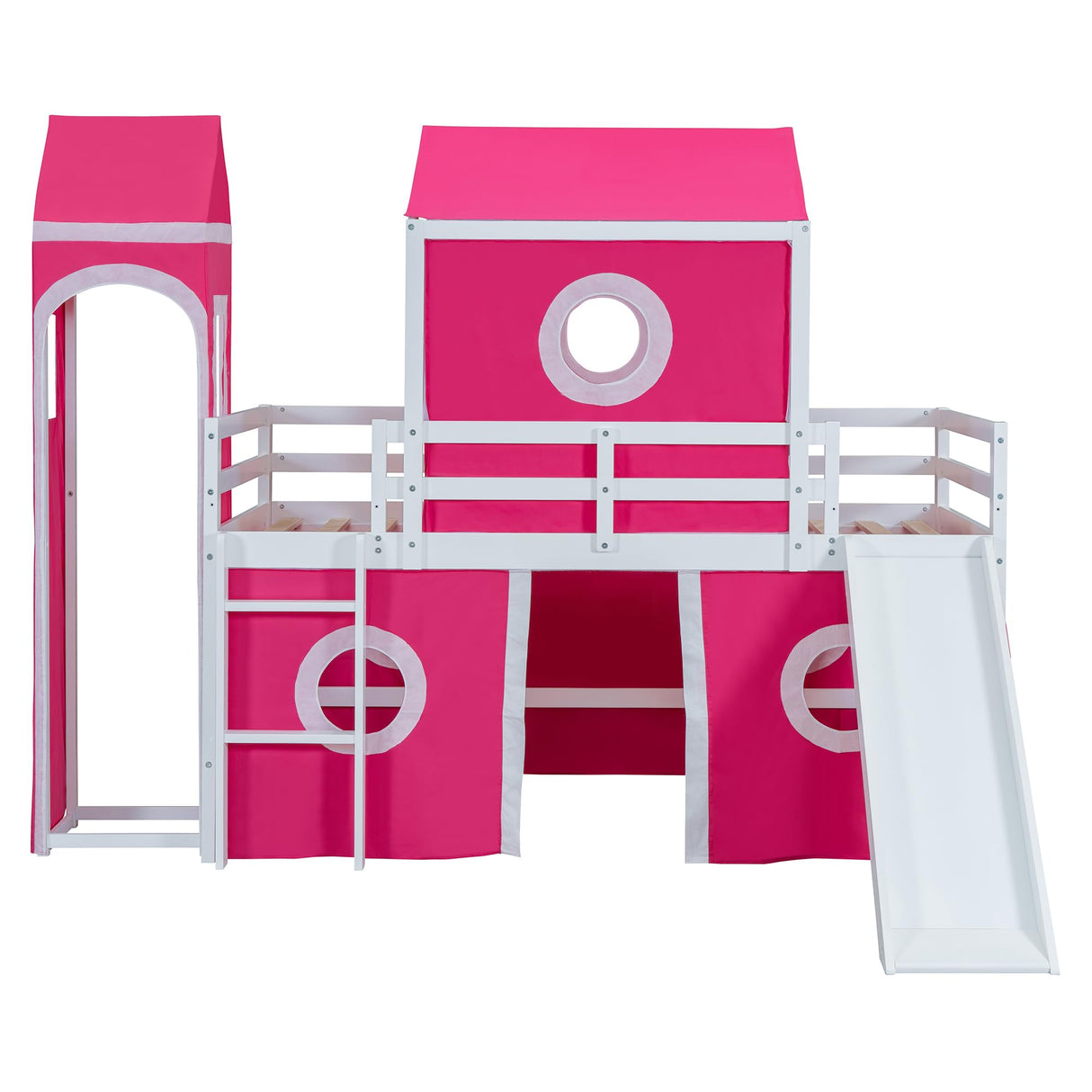 Twin Size Loft Bed with Slide for Kids Bedroom,Wooden Bedframe w/House Shaped