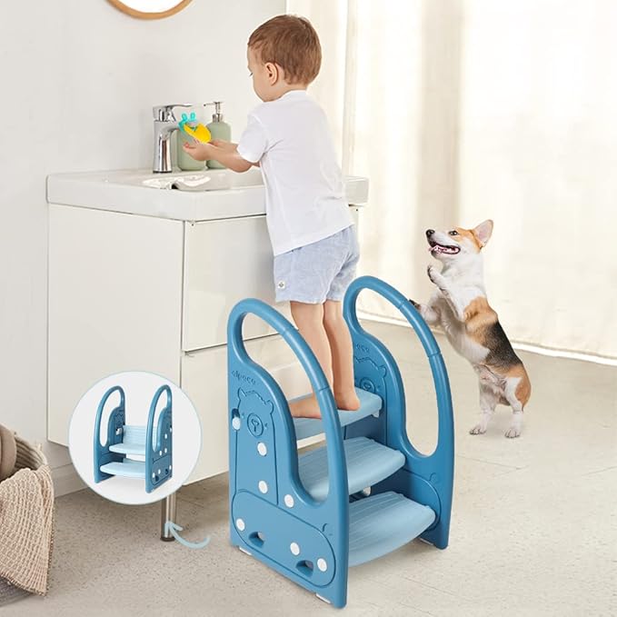 Stool Onasti Kids Standing Tower for Toddlers Plastic Learning Helper Stool for Kitchen Counter Bathroom Sink Toilet Potty Training with Handles and Non-Slip Pads-Grey White