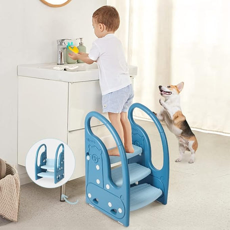 Stool Onasti Kids Standing Tower for Toddlers Plastic Learning Helper Stool for Kitchen Counter Bathroom Sink Toilet Potty Training with Handles and Non-Slip Pads-Grey White