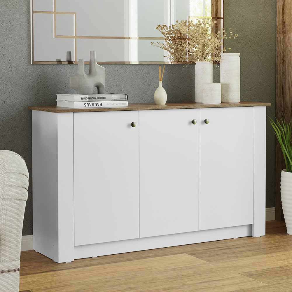 Madesa Sideboard Buffet Cabinet, Modern Storage Cabinet with 3 Doors, 31" H, 15" D, 53" L - White/Brown