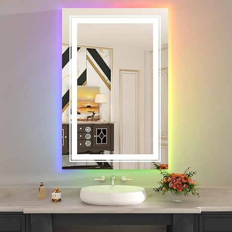 Bathroom Mirror 48"x32" with RGB Backlit and Front Light,Stepless Dimmable