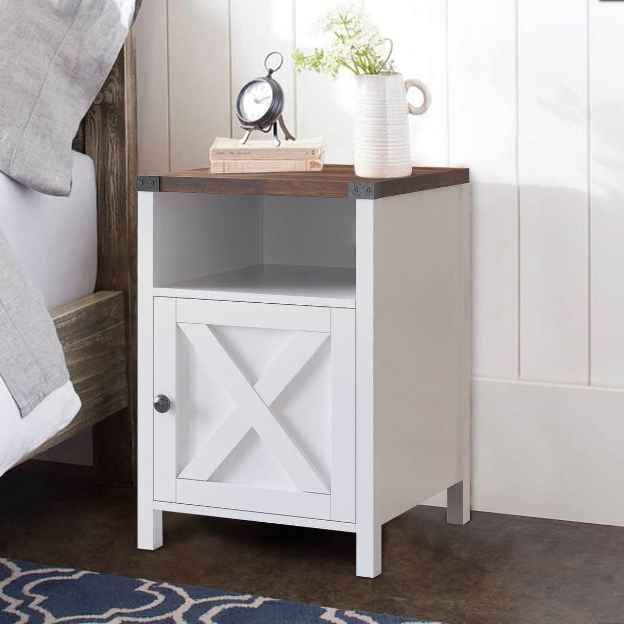 Farmhouse End Table, Rustic End Table with Barn Door and Shelf, White End Tables