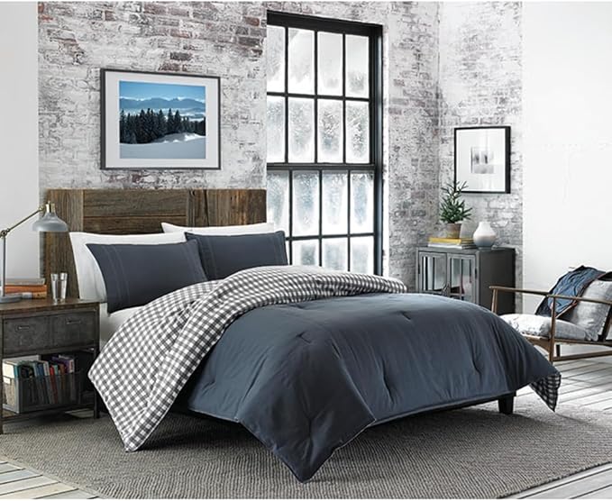 King Comforter Set, Reversible Cotton Bedding with Matching Shams, Pre-Washed for Added Softness (Kingston Navy, King)