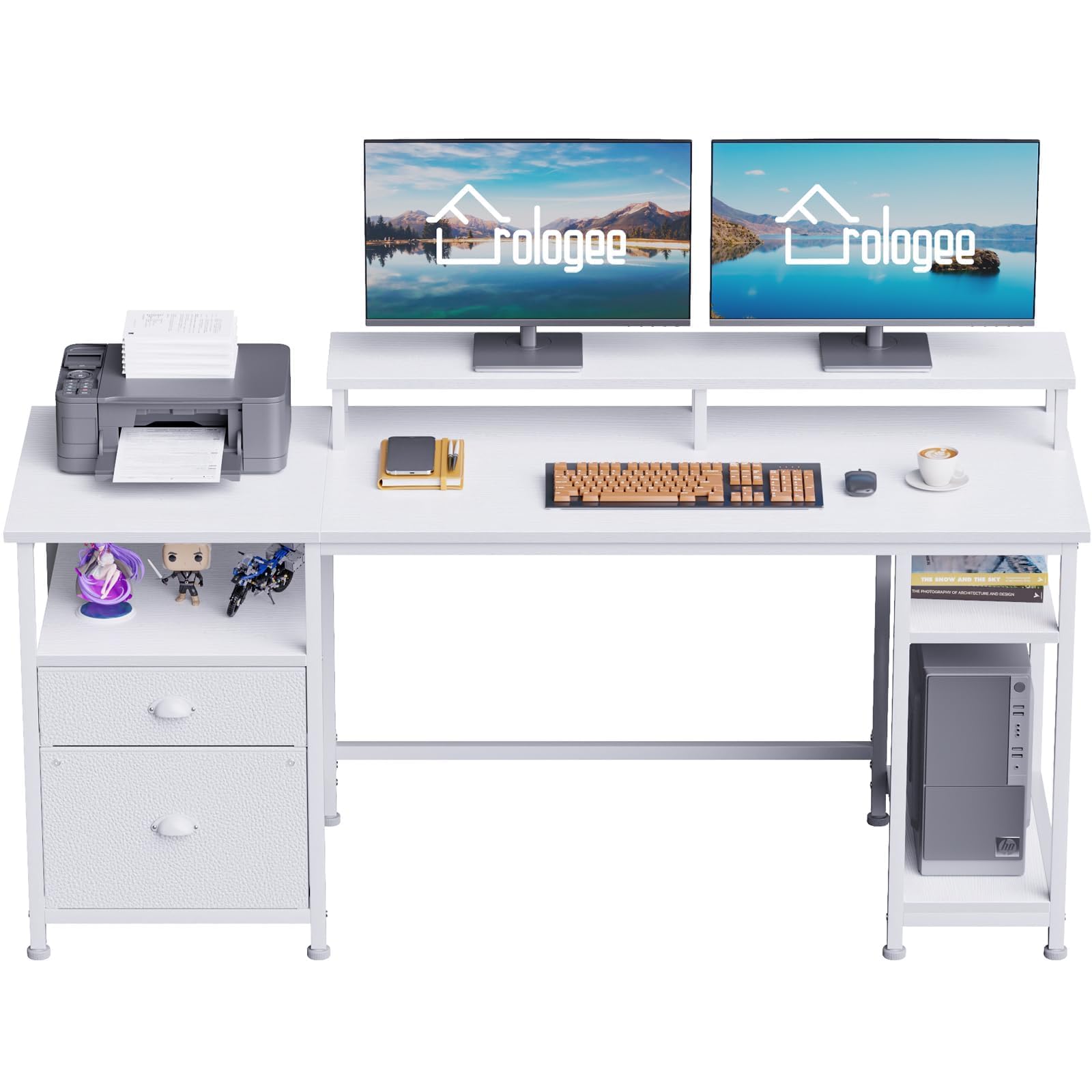 61" Computer Desk with Fabric File Cabinet & Drawer, Reversible White Desk