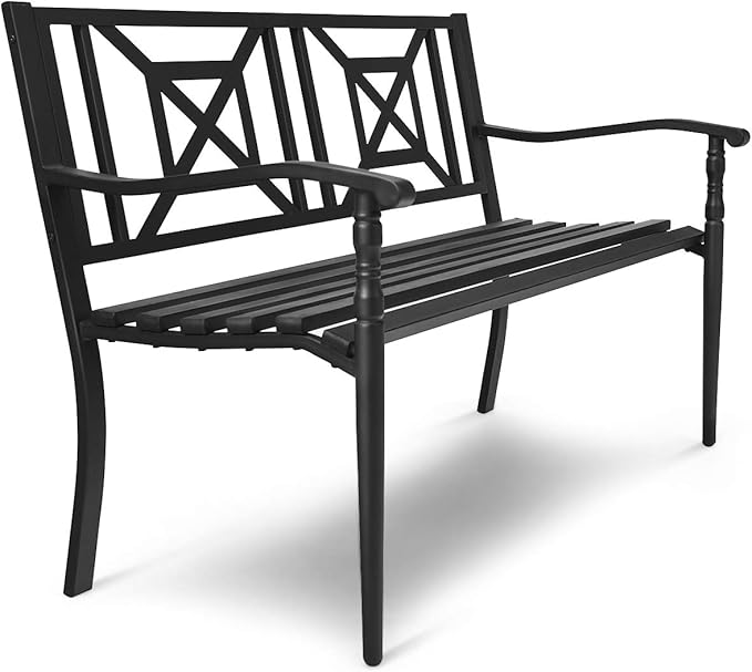 Outdoor Garden Bench, Brown, Iron, Metal, Polyethylene, Rattan, 50.5 in Width, 2 Adults