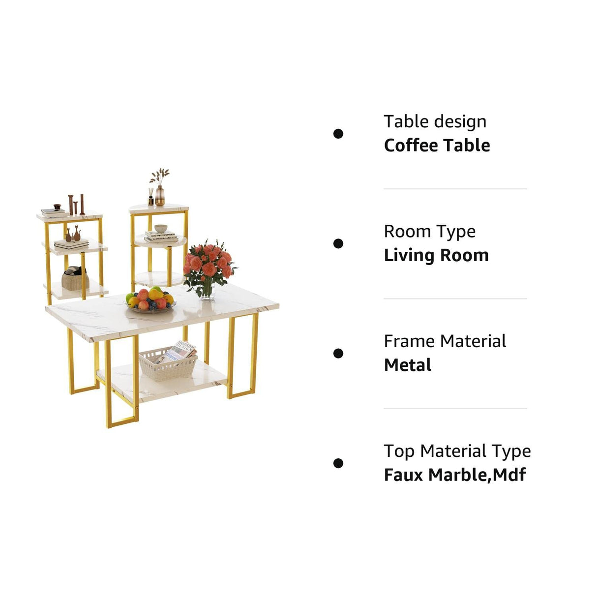 Coffee Table Set of 3, Modern 3-Piece Table Set Faux Marble Coffee Table