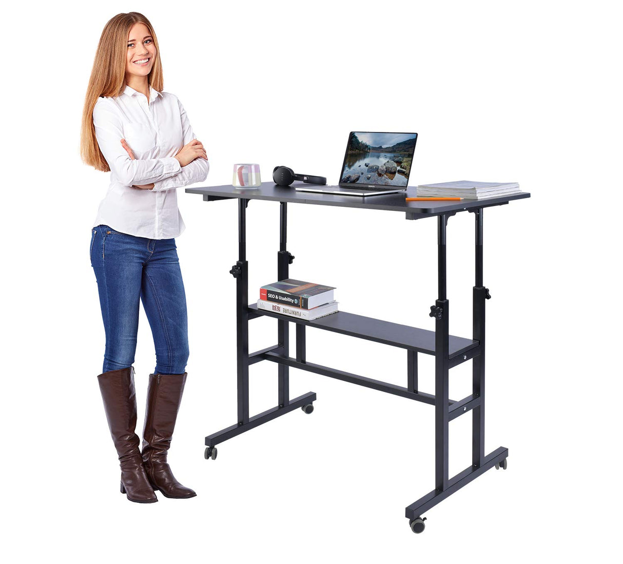 Mobile Standing Desk, Adjustable Computer Desk Rolling Laptop Cart on Wheels Home Office Computer Workstation, Portable Laptop Stand Tall Table for Standing or Sitting, Black, 39.4" x 23.6"