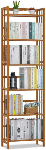 Tall 6 Tier Bookshelf, Bamboo Multifunction Free-Standing Narrow Storage Bookcase Display Shelf in Living Romm Home Office, Natural