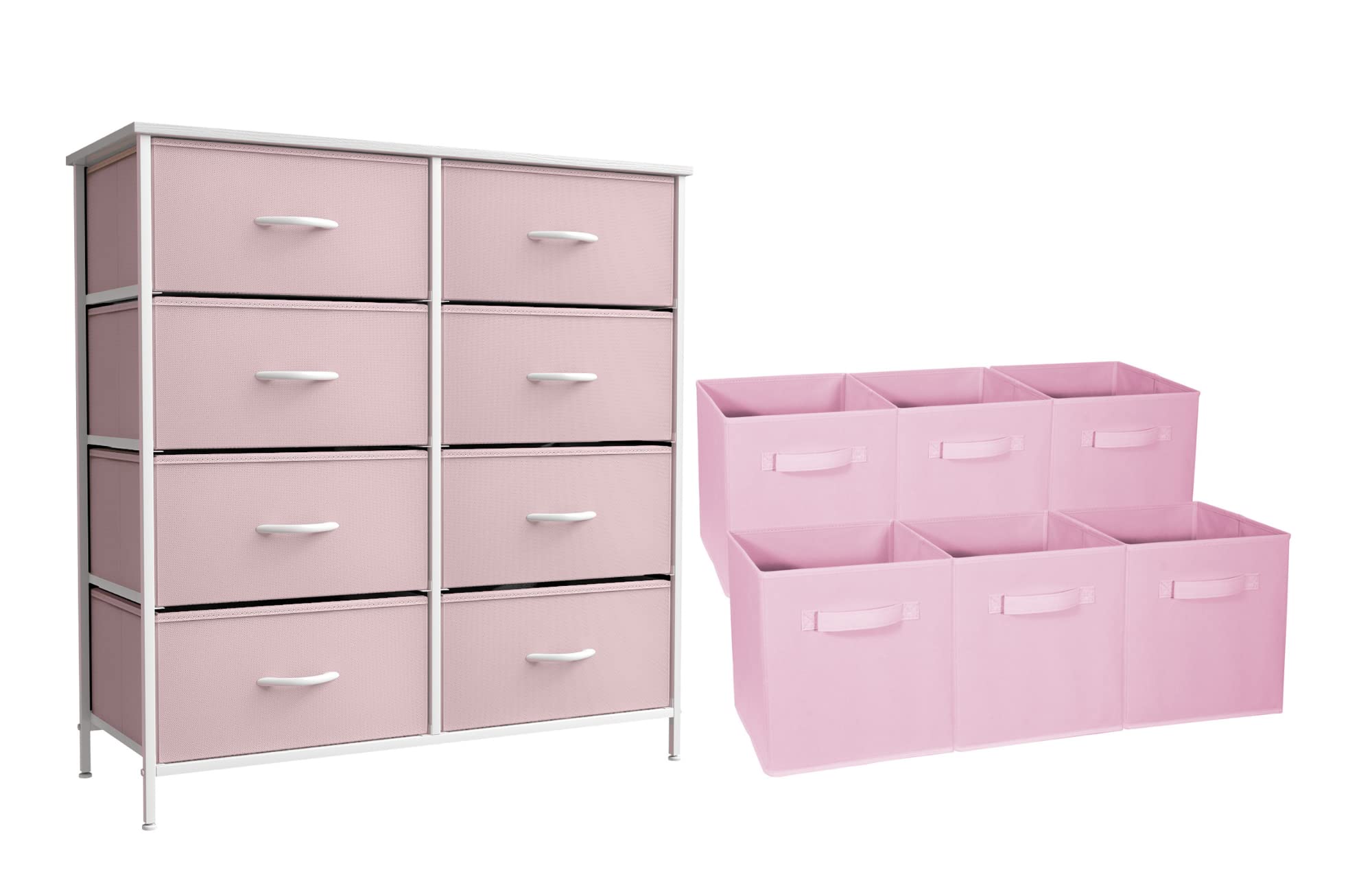 Kids Pink Dresser with 8 Drawers + 11 Inch Pink Cube Storage Bins (6 Pack) Bundle