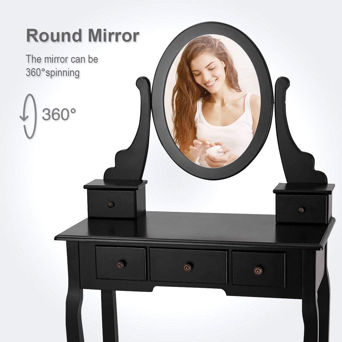 Makeup Table Set Bedroom Furniture with Cushioned Padded Stool & 5 Drawer Round 360 Degree Rotation Swivel Mirror Dressing Table Stool Wooden Vanity Set (Black with 5 Drawer)