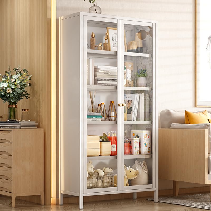 Display Cabinet Bookcase, Metal Storage Cabinet with 2 Doors & 4 Adjustable Shelves, Modern Floor Utility Locker Cabinet for Office, Living Room, Utility Room