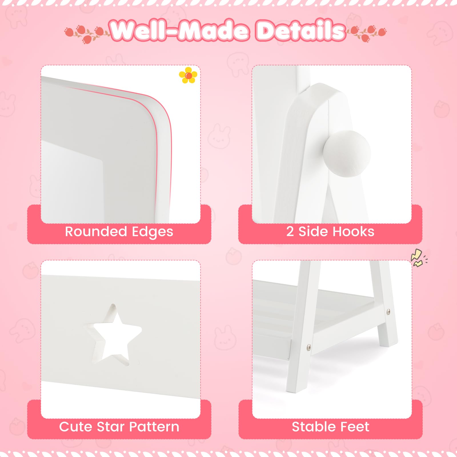 Kids Full Length Mirror, Princess Floor Free Standing Mirror w/Storage Shelf & Basket