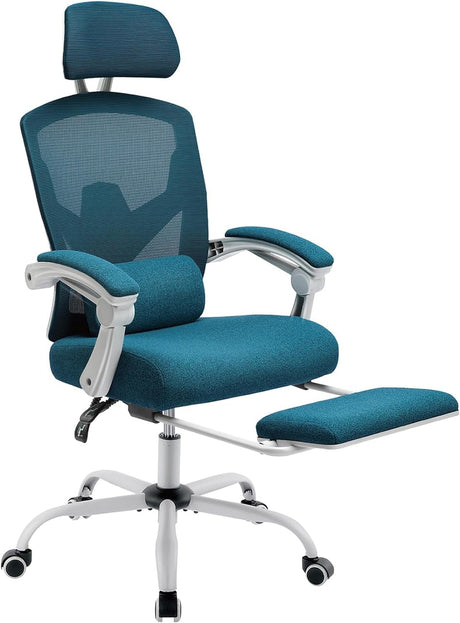 DUMOS Home Office Desk Chair with Footrest, High-Back Mesh Rolling Swivel Reclining Chairs with Wheels, Comfortable Headrest, Lumbar Support, Comfy Arms for Home, Office, Gaming, Student, Blue