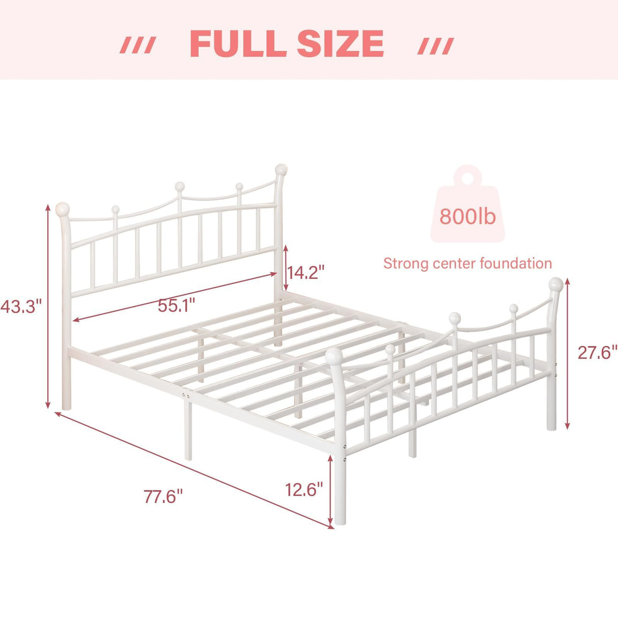 Full Size Bed Frame with Crown-Shaped Headboard, Princess Bed for Kids/Girls, Heavy Duty Metal Platform Bed with Iron-Art Headboard and Footboard, No Box Spring Needed, Easy Assembly, White