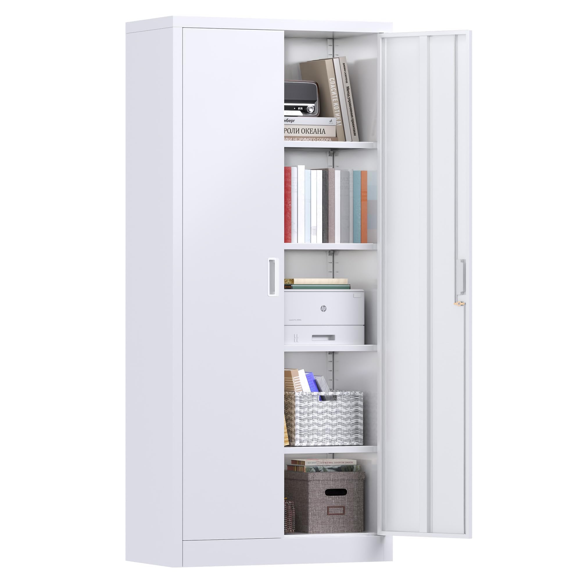 SPKAPO Metal Storage Cabinet with 2 Doors,72" Steel Garage Cabinets with 4 Adjustable Shelves for Home Office Garage School,Assembly Required,White