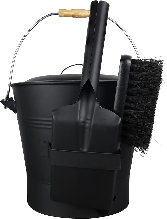 Mini Ash Bucket with Lid, Includes Fireplace Tools, Pail, Shovel and Broom