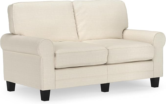 Copenhagen Rolled Arm, Easy Care Polyester, Soft Pillow Back, Pocket Coil Seat Cushions, Removable Covers, Loveseat or Couch for Small Spaces, Living Rooms or Bedrooms, 78" Sofa, Cream