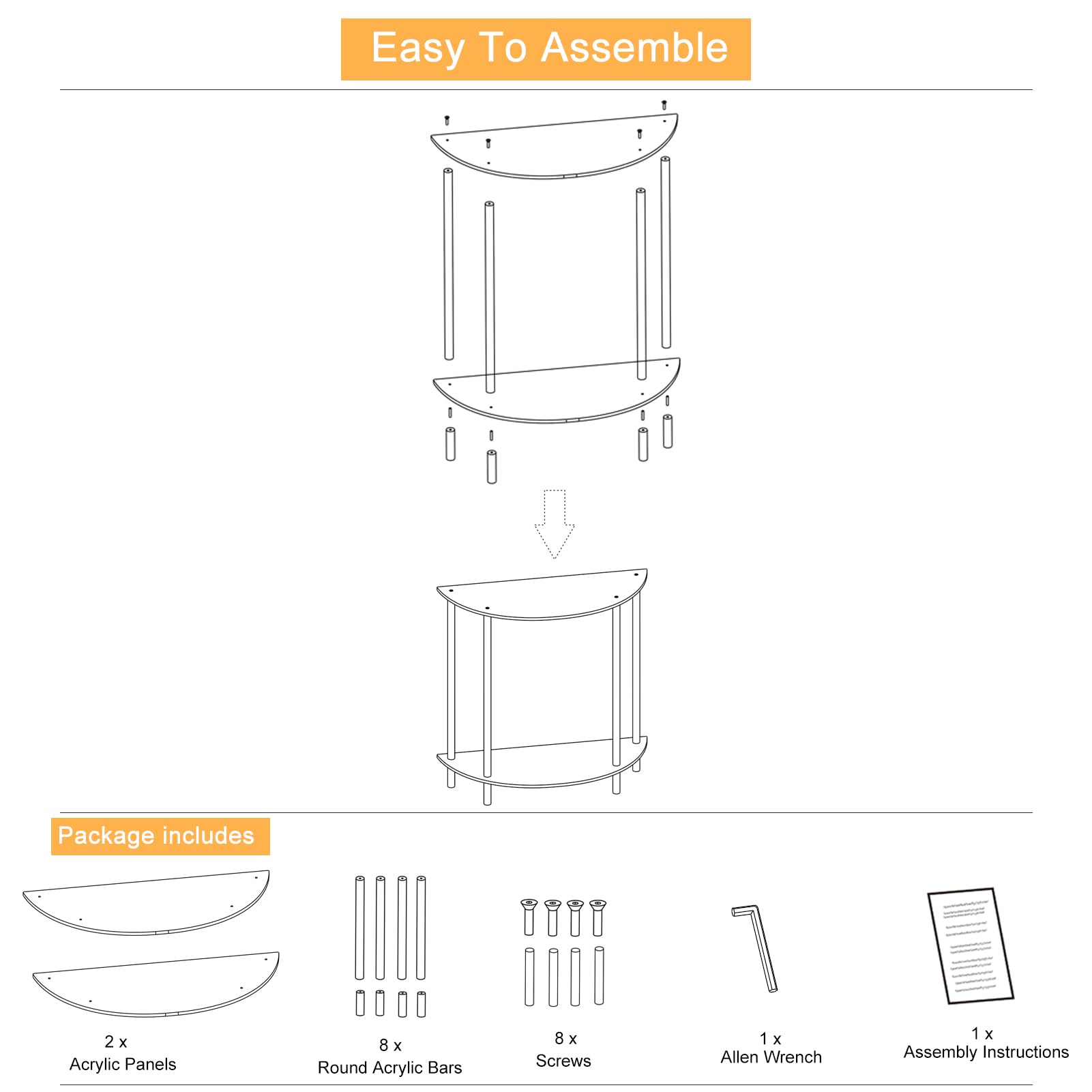 2-Tier Acrylic Console Table - Half Moon Entryway Table with Storage Shelf