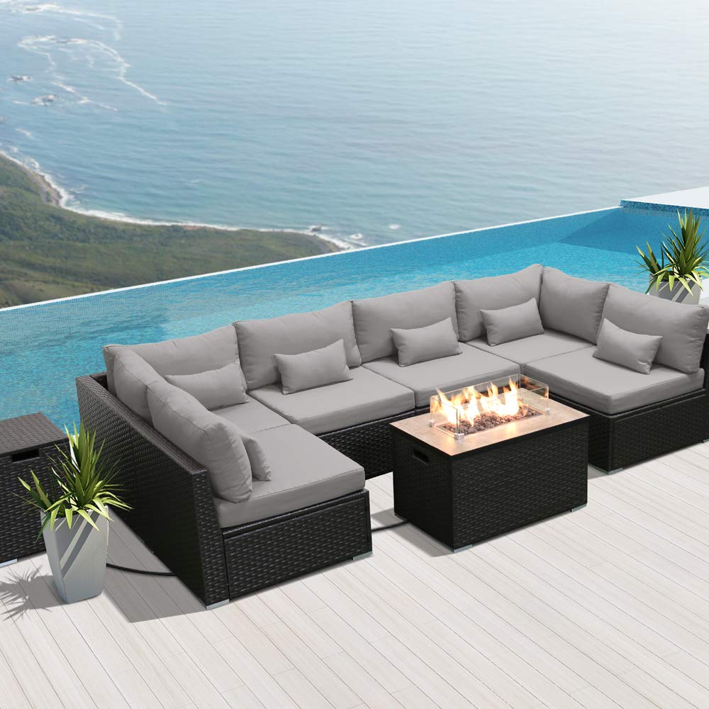 Sectional Sofa with Gas/Propane Fire Pit Table Outdoor Patio Furniture Sets