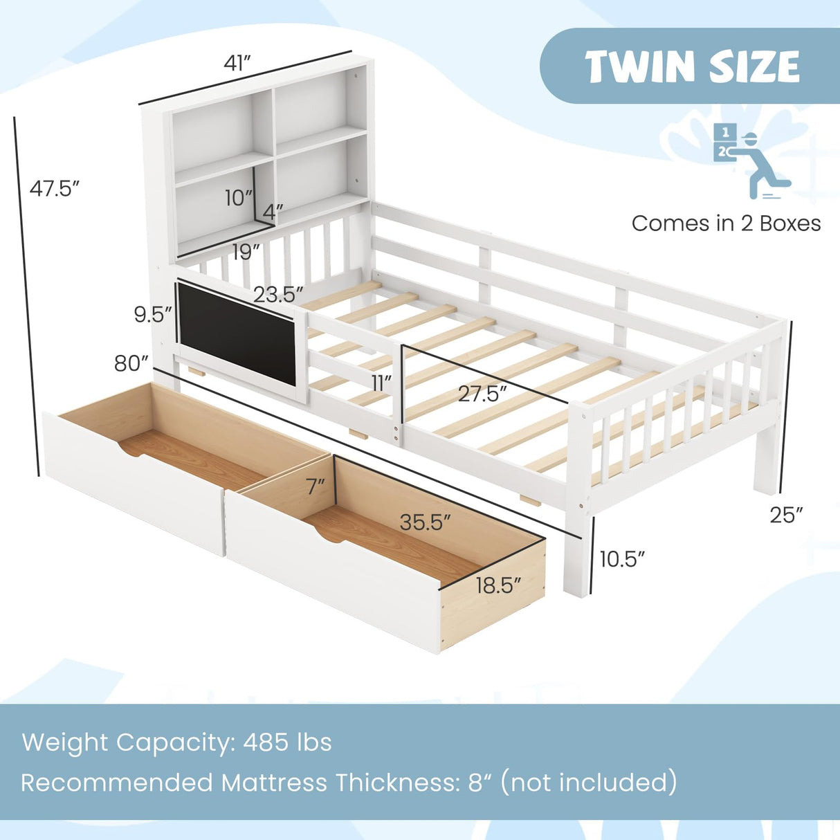 2 Storage Drawers, Solid Wood Kids Bed Frame w/Bookcase Headboard & Blackboard, Full