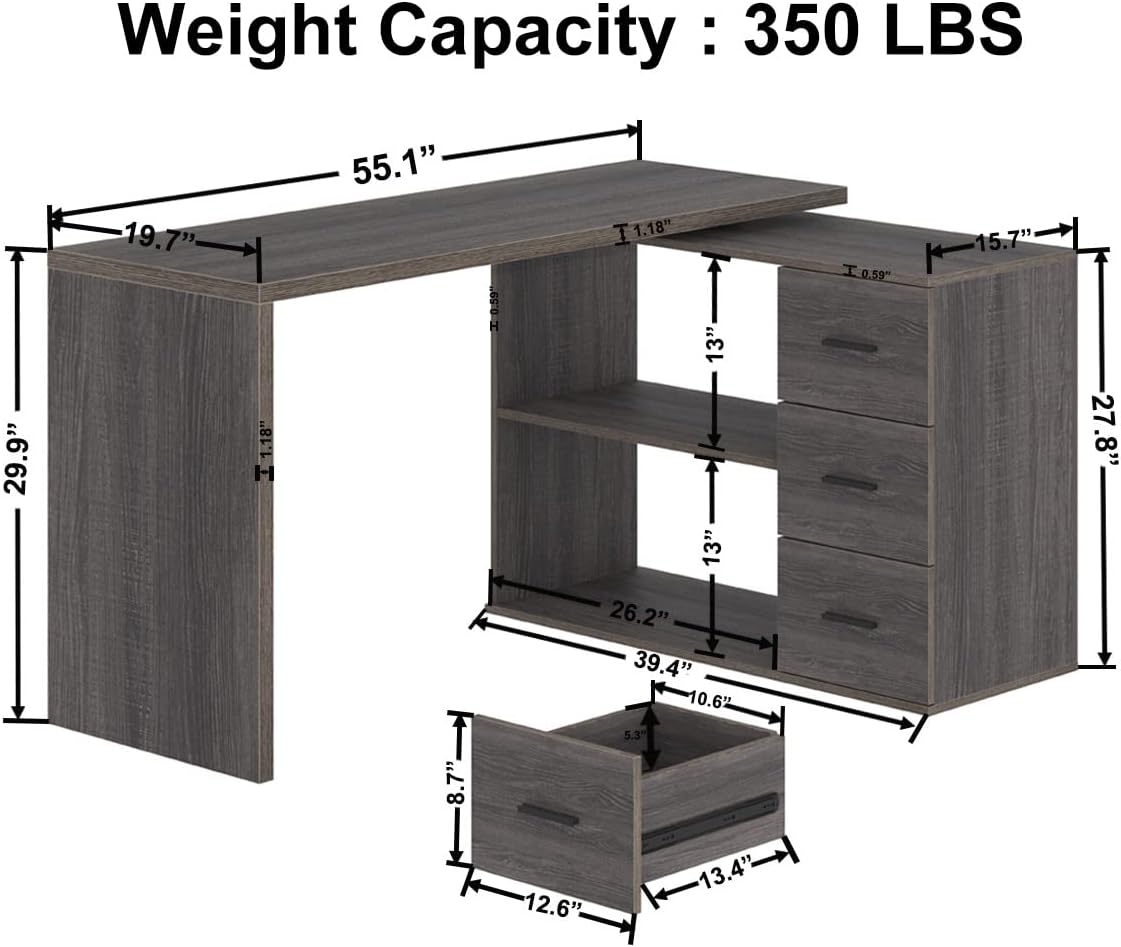 L Shaped Computer Desk with Drawers, 360 Rotating L Shape Desk with Storage Cabinet