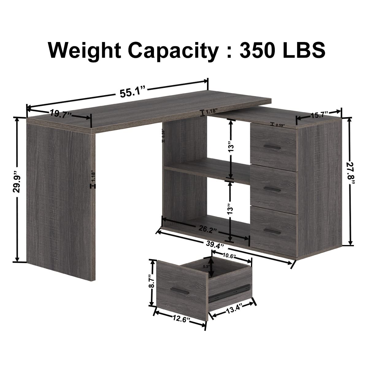 L Shaped Computer Desk with Drawers, 360 Rotating L Shape Desk with Storage Cabinet