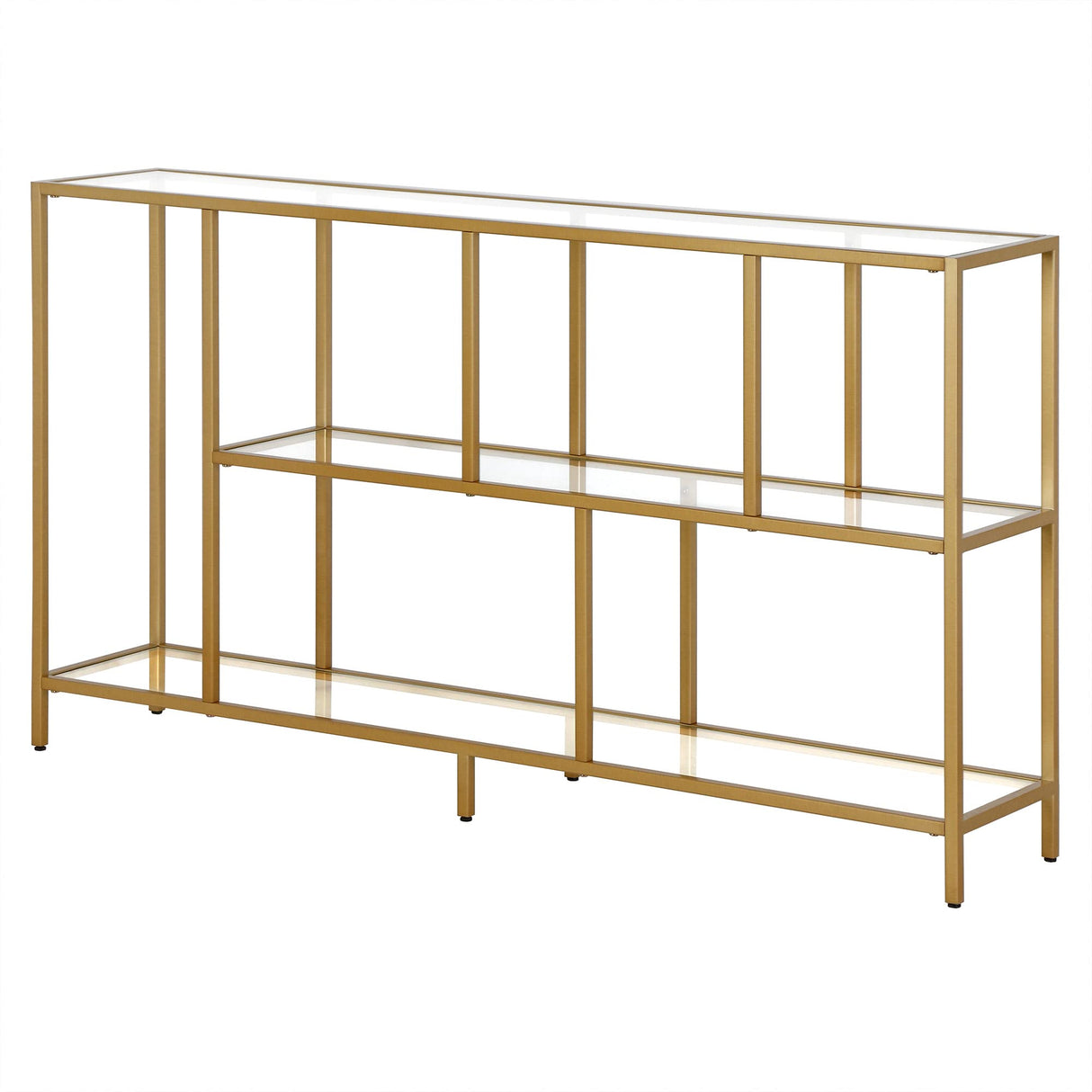 52" Wide Rectangular Console Table with Glass Shelves in Brass, Entryway Table,