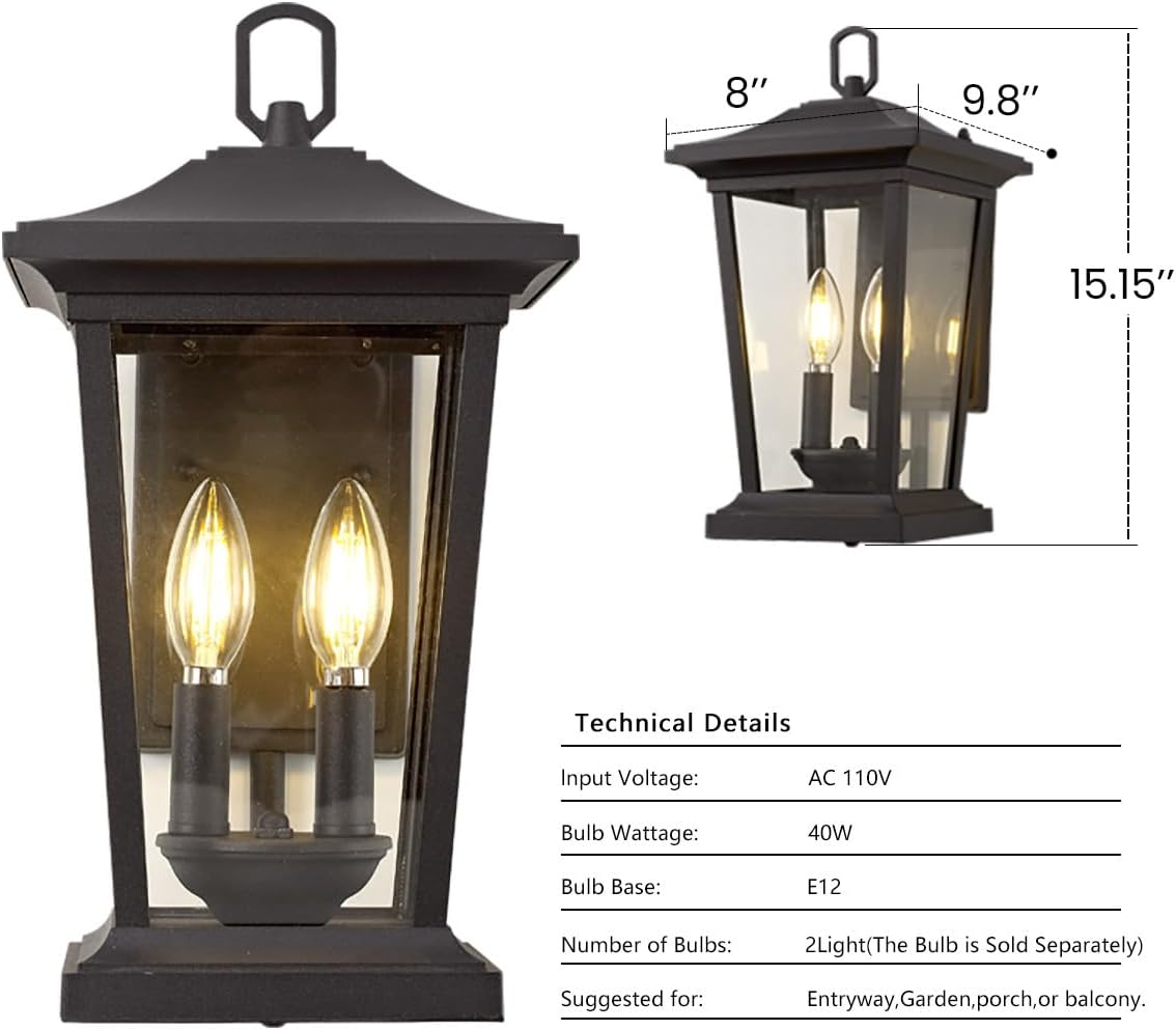 Large Outdoor Wall Sconce, 2-Lights Lantern, Exterior Wall Mount Light Fixture