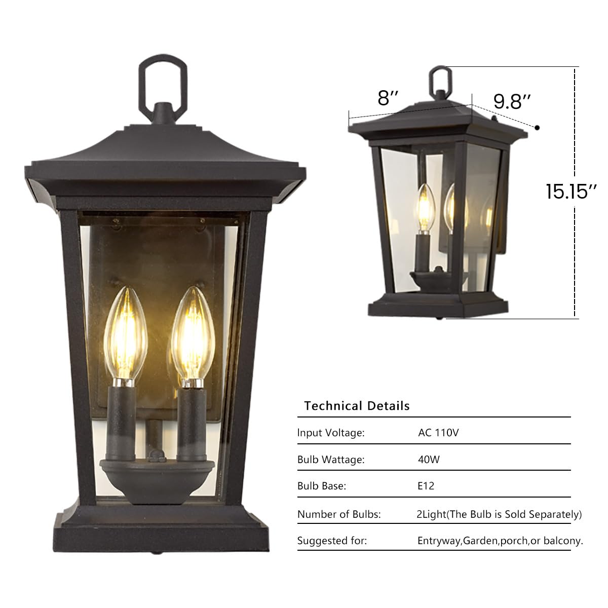 Large Outdoor Wall Sconce, 2-Lights Lantern, Exterior Wall Mount Light Fixture