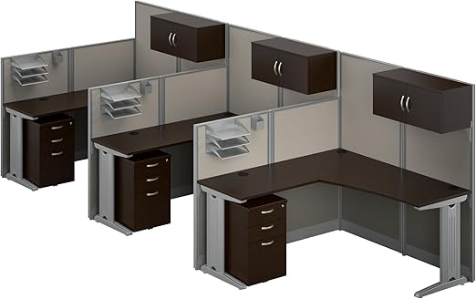 Office in an Hour 3 Person L Shaped Cubicle Desks with Storage, Drawers, and Organizers