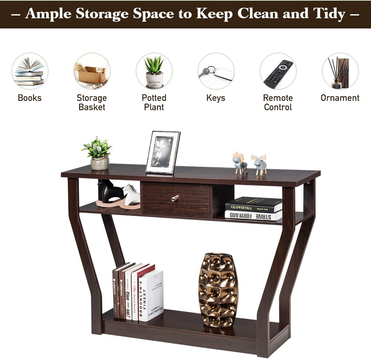 Console Table Modern Easy Assembly Entryway Table W/Storage Drawer and Bottom Shelf