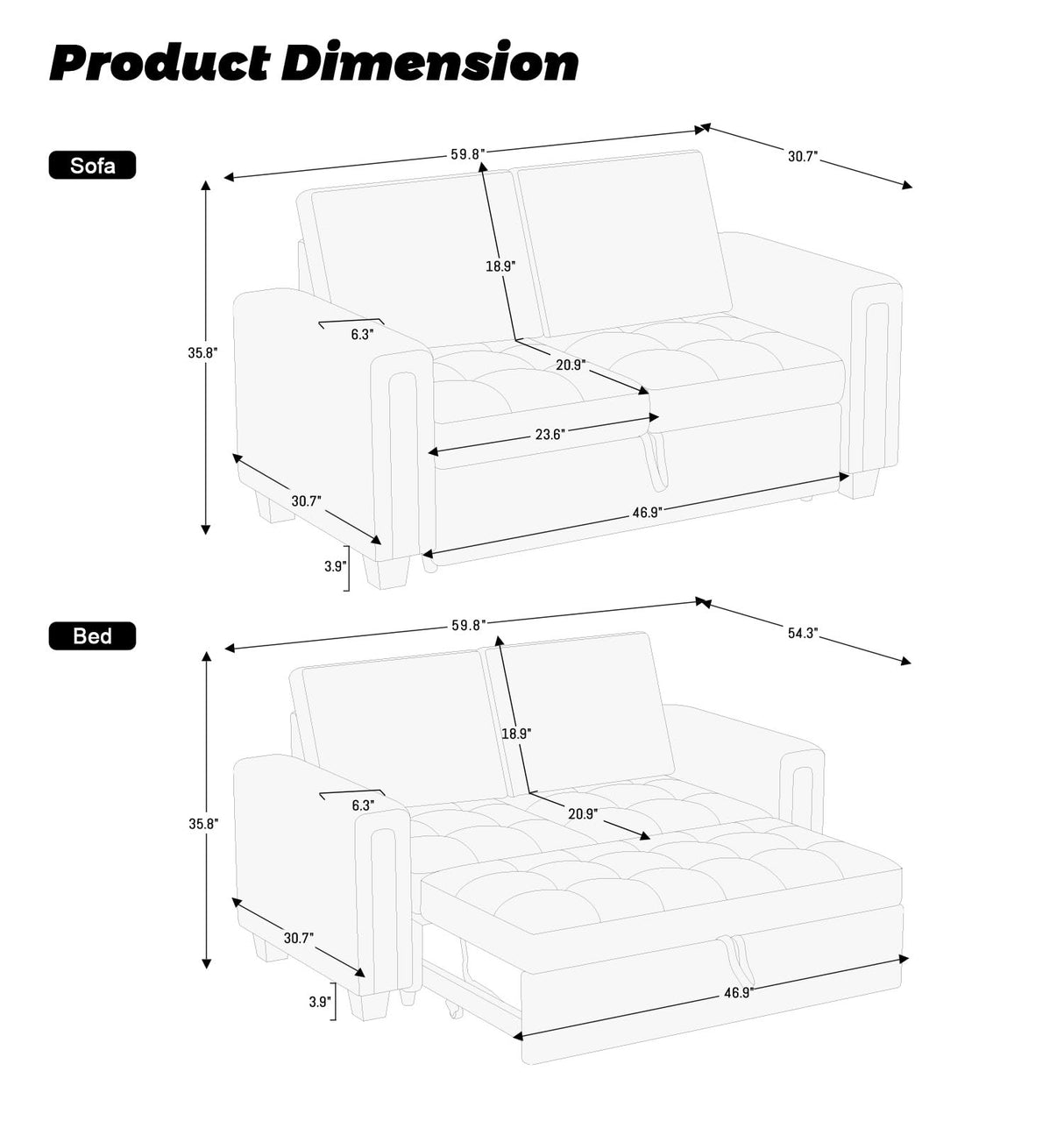 Belffin Modular Sectional Sleeper Sofa with Pull Out Couch Bed Modular Sleeper Loveseat Sectional Sofa Velvet Fabric for Living Room Apartment Grey