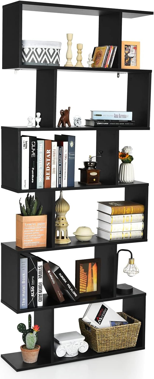 6 Tier S Shaped Bookshelf, 31.5''L x 9''W x 75''H, Wooden Bookcase and Bookshelves w/Anti-Toppling Device, Room Divider Display Shelves for Living Room, Home Decor, 6 Shelf Bookshelf