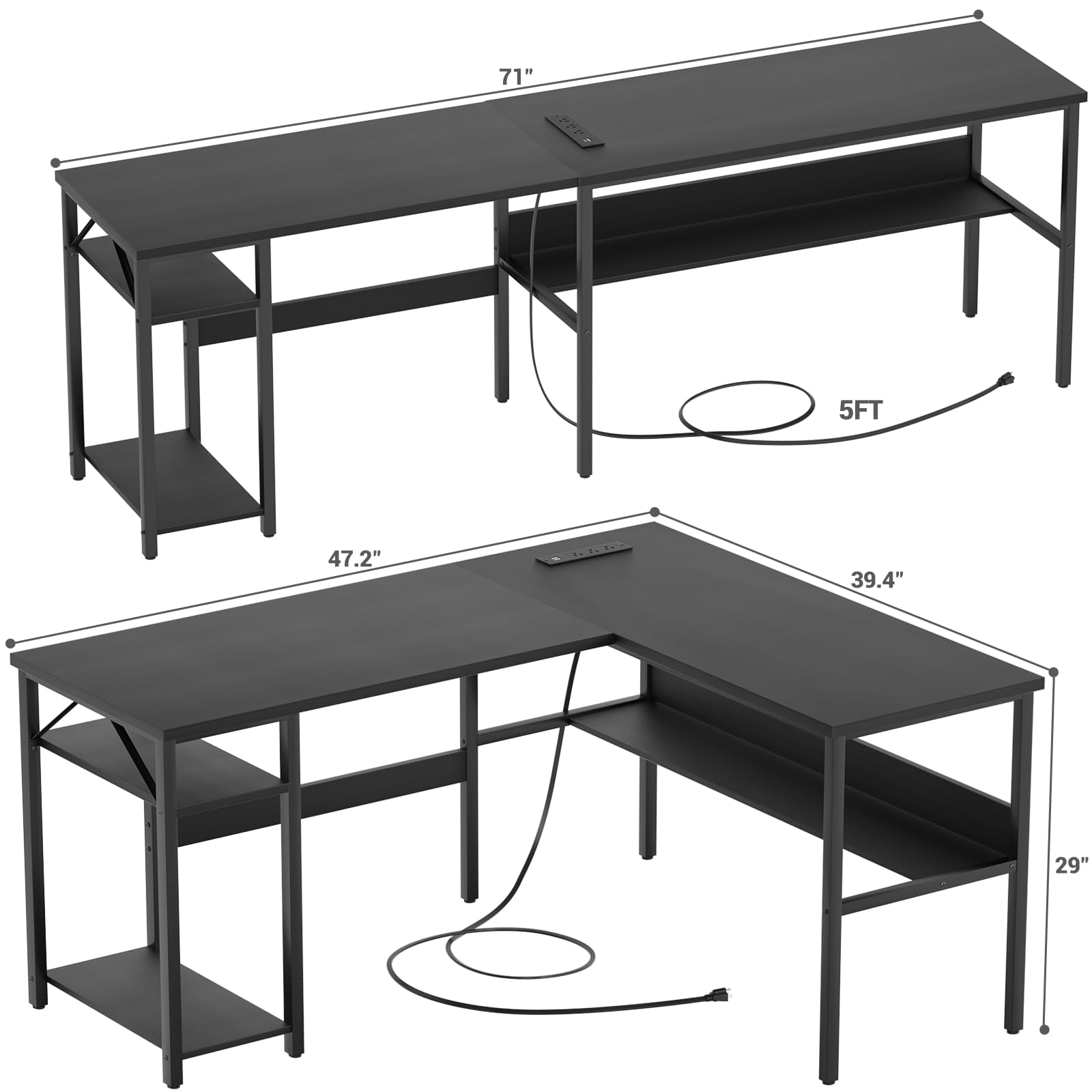 Reversible L Shaped Computer Desk with Power Outlets and USB Charging Ports