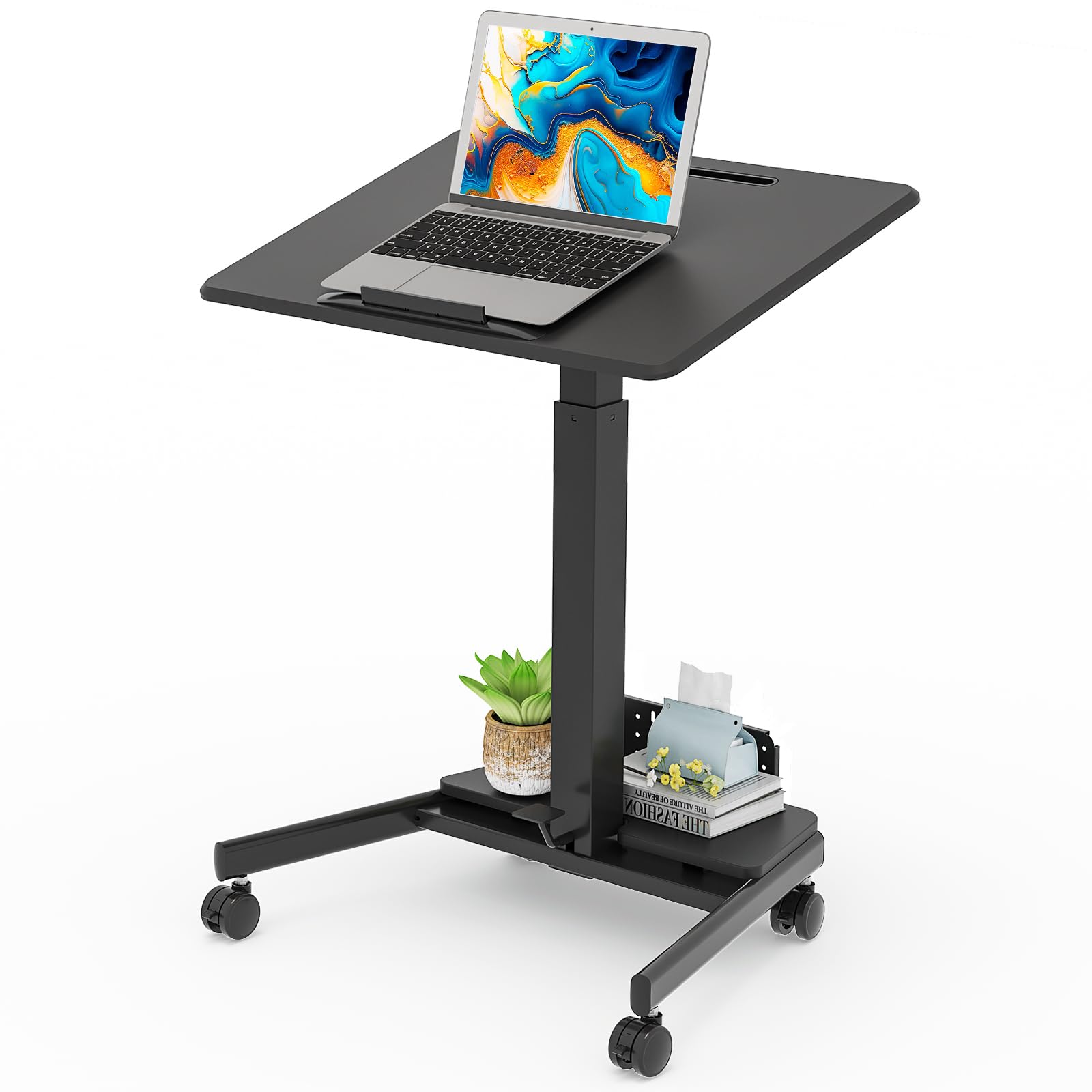 Mobile Standing Desk with 90° Tilting Desktop, Foot Pedal Pneumatic Height Adjustable