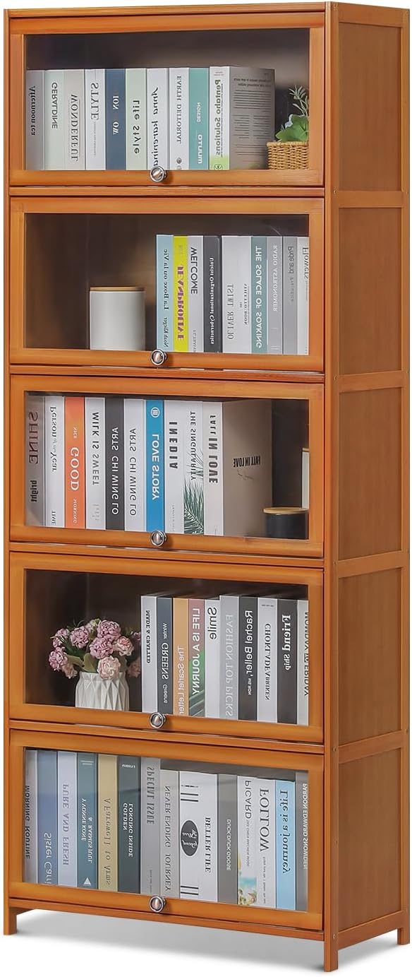 Bamboo 4-Tier Display Case Bookcase with Clear Acrylic Flip-Up Doors
